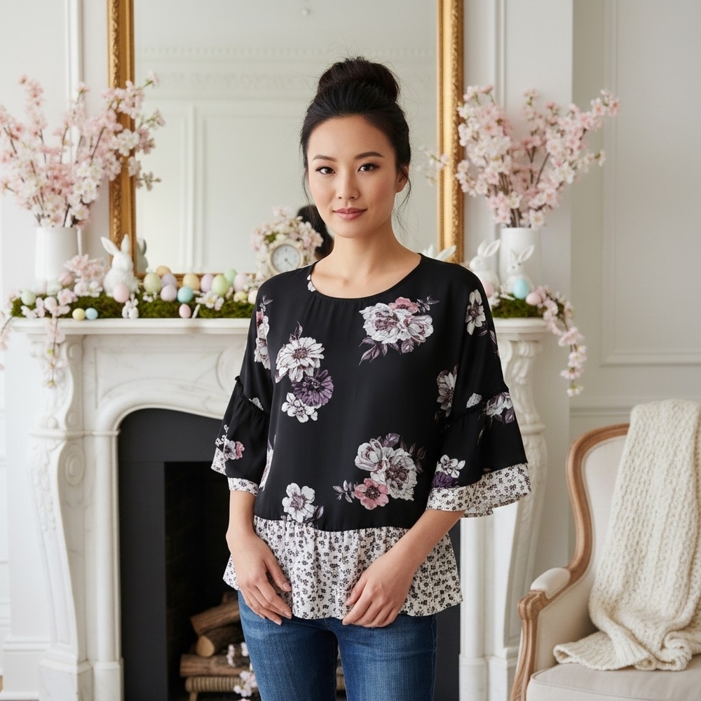 Eyeshadow Long Sleeve Floral Bohemian Scoop Neck Tunic Sz Small